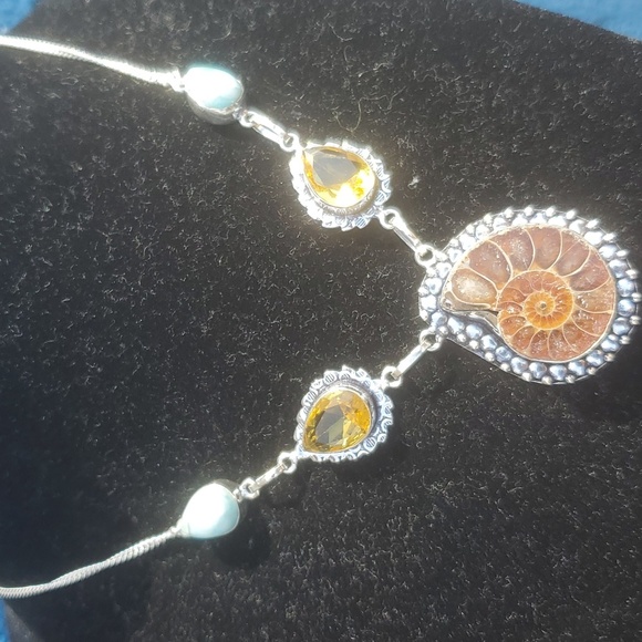 New Ammonite Fossil, Larimar and Citrine 925 Silver Necklace. - Picture 6 of 11